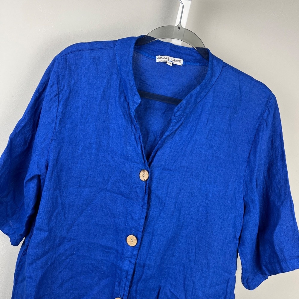 Orange Amore Italy Linen Tunic Top Womens S/M Blue Button Up Coastal Chic